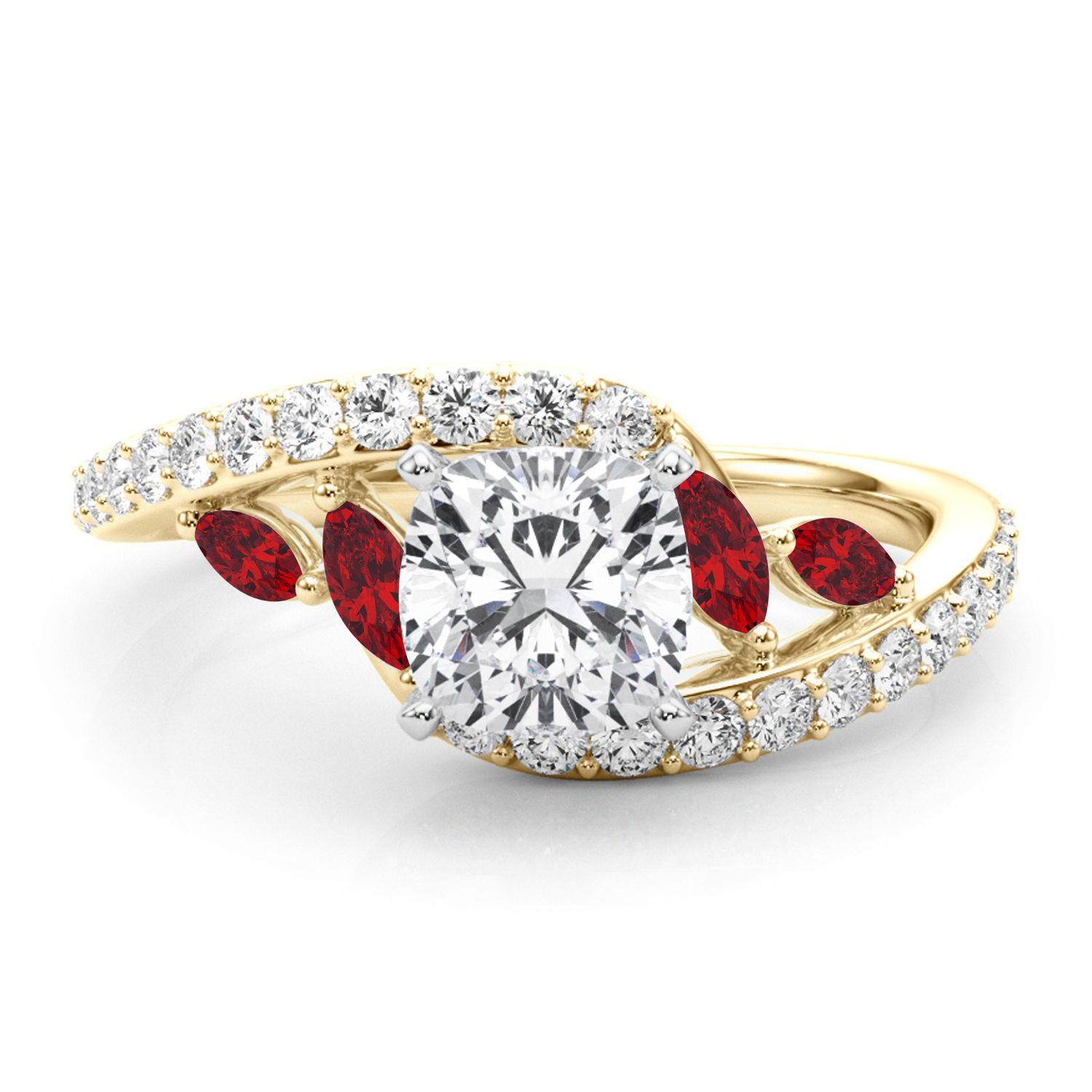 Swirl Design Diamond & Marquise Ruby Engagement Ring 18K Yellow Gold (0.63ct)